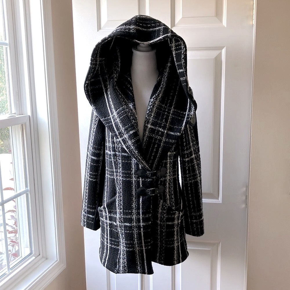 Tonia Debellis Coat Cotton-rich Jacquard Hooded Black & White Size M